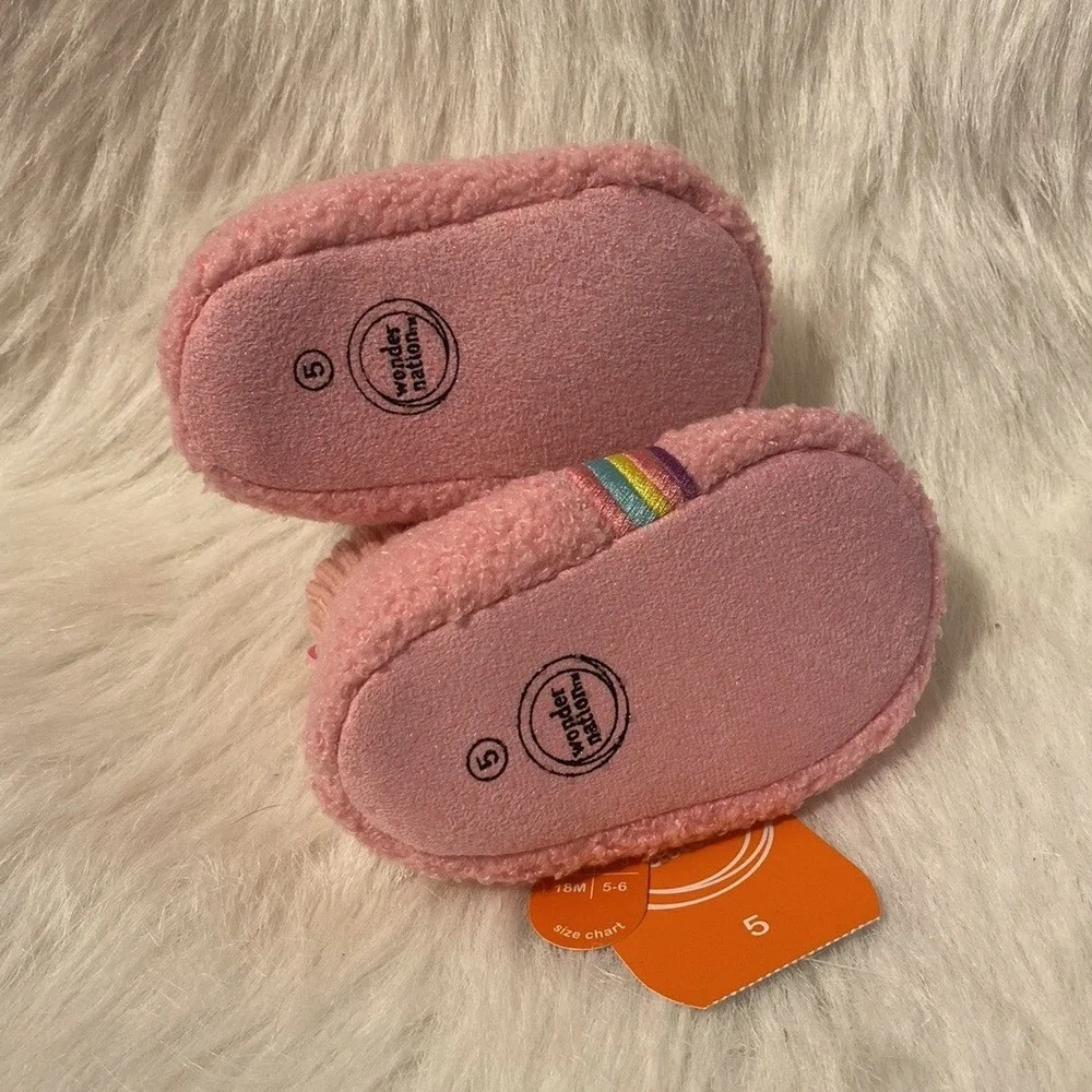 Wonder Nation Slippers Girls Size 5 Pink Fuzzy Rainbow Bootie Shoes 12-18 Months